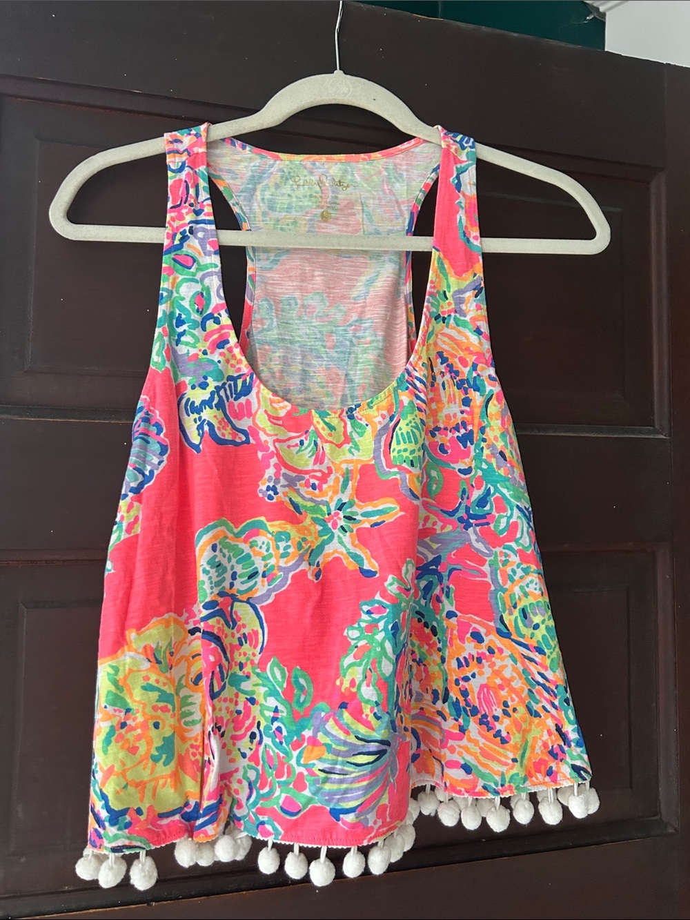 Lilly Pulitzer Coral Multicolor Floral Racerback Tank with Pom Trim